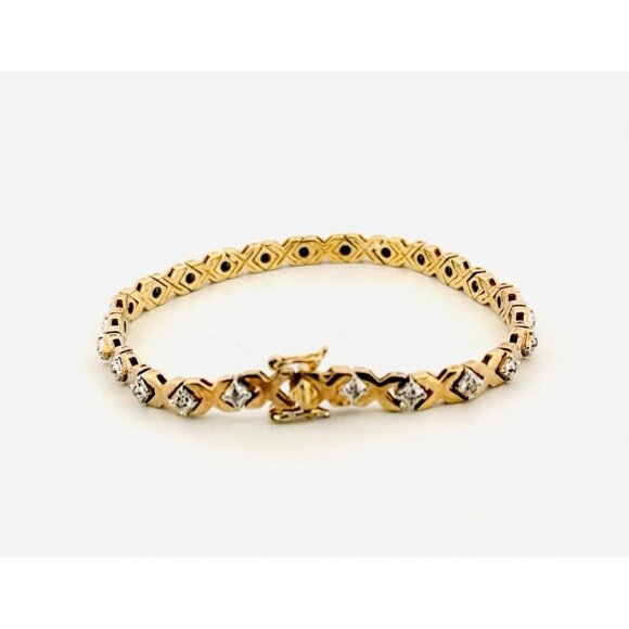 Sterling Silver 925 Gold Tone X Link Tennis Bracelet with White Crystals, 7.5" - Picture 2 of 8